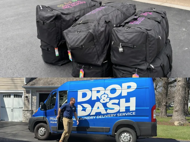 Tagged camp duffel bags on the driveway and a Drop & Dash driver at the delivery van